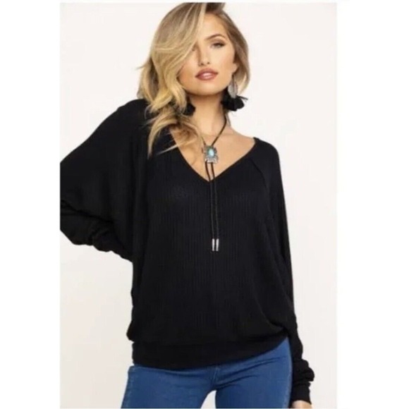 Free People Black Thermal Santa Clara Blouse Top‎ Waffle Relaxed Dolman Size M - Picture 1 of 8